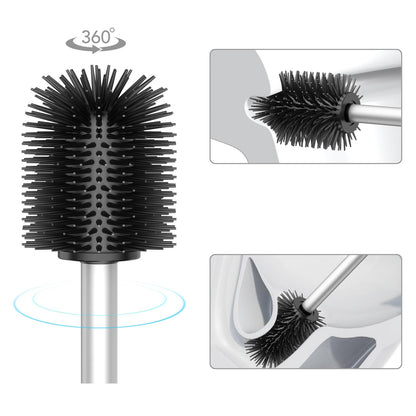 WAVEWO Silicone Toilet Brush with 2 Brush Heads, 7 cm Diameter Toilet Brush Made of 304 Stainless Steel for Bathroom Cleaning Silver