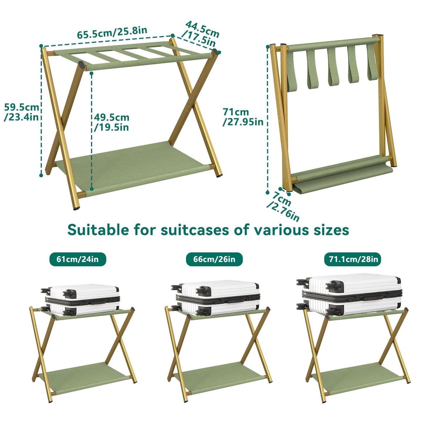 IBUYKE Luggage Rack for All Suitcase Sizes,Foldable Suitcase Stand with Fabric Storage Shelf,Easy to Assemble for Bedroom Living Room Hotel,Gold