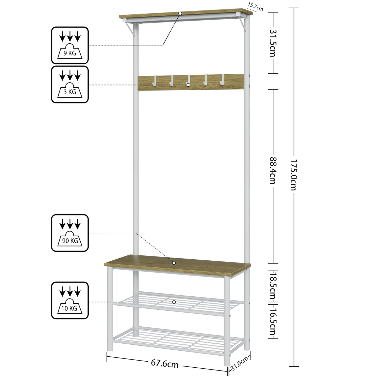 HEYZOEY Coat Stand, Coat Rack with Shoe Storage, 3-in-1 Freestanding Wooden Coat Rack with Shoe Bench and Rack, 3-Tier Shelf and 4 Removable Hooks