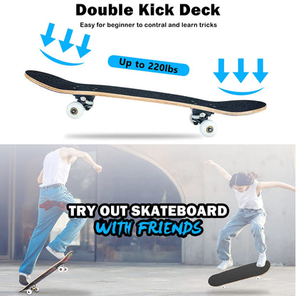 Skateboard,31 x 8 Inch Complete Skateboard, 8-Layer Maple Wood Deck Double Kick Standard Skateboards for Kids, Teens, Adult, Beginner (Dream)