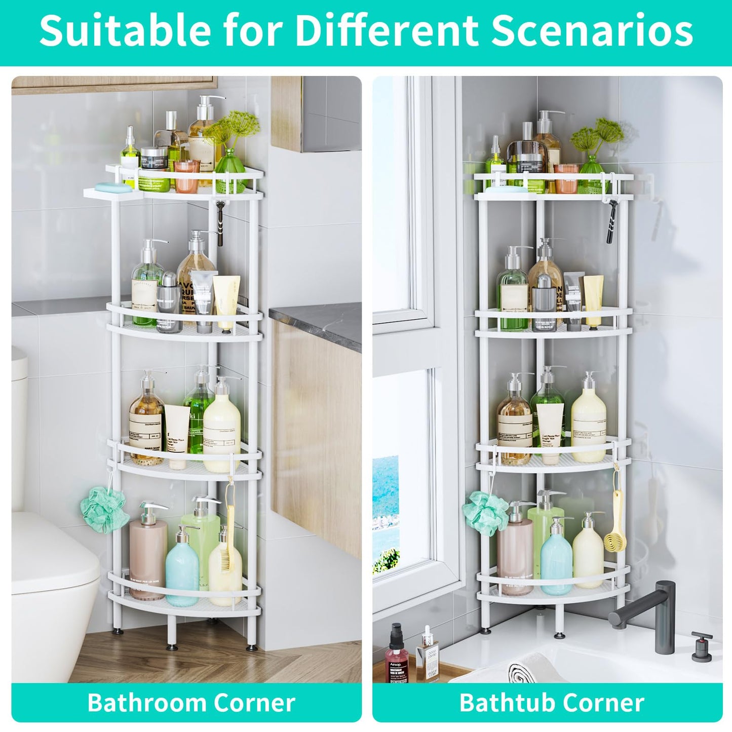 HapiRm Freestanding Shower Caddy Corner - 3 Tier Adjustable Feet Shelves