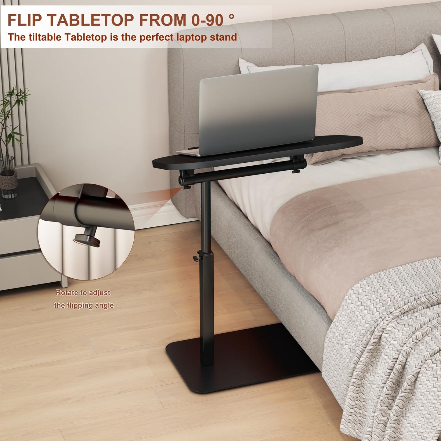 C Shaped Side Table Adjustable Height,360°Swivel Side Table for Sofa and Bed, Metal Base Flip Top Laptop Stand TV Coffee Tables,Mobile sofa Side