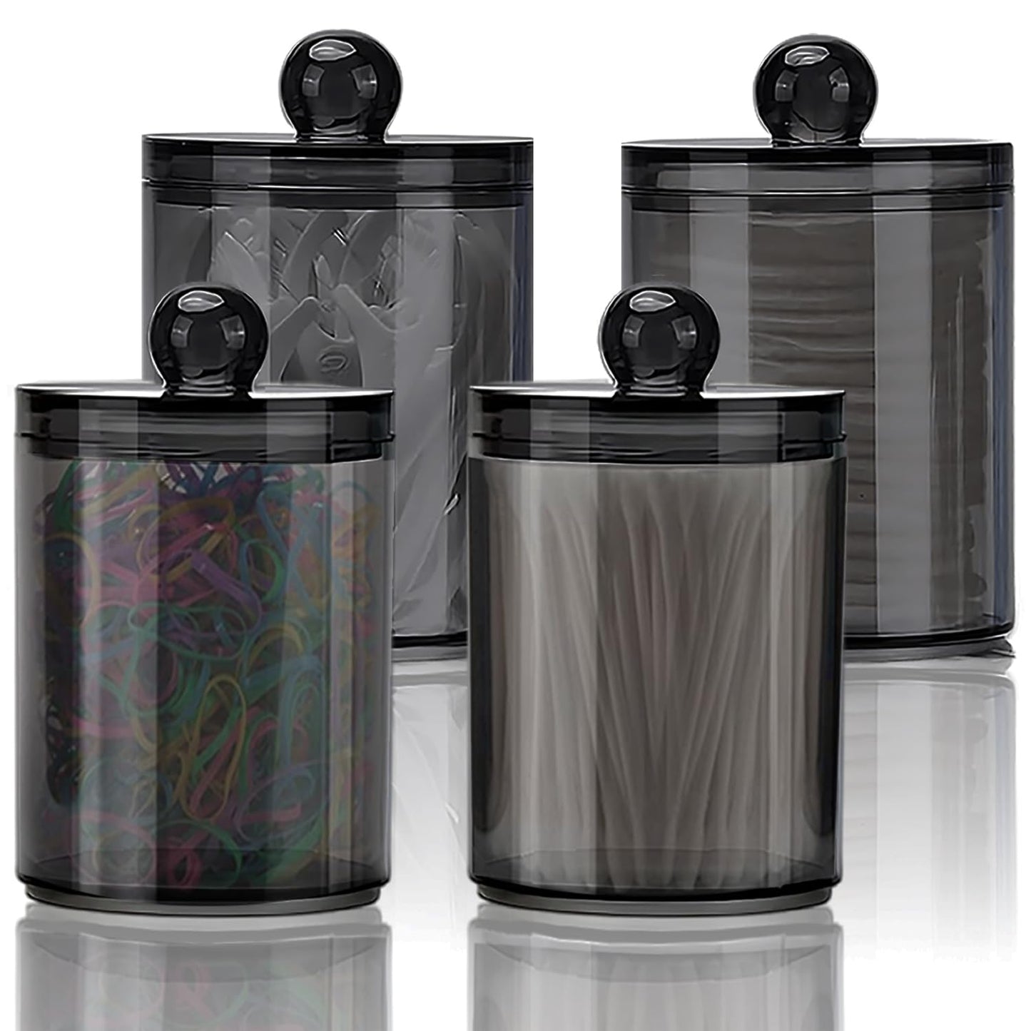 WUMUTI 4 PCS Cotton Pad Holder Cotton Bud Dispenser with Lids, 10 oz Clear Black Qtip Holder Bathroom Canisters Cosmetic Storage Jars for Cottons