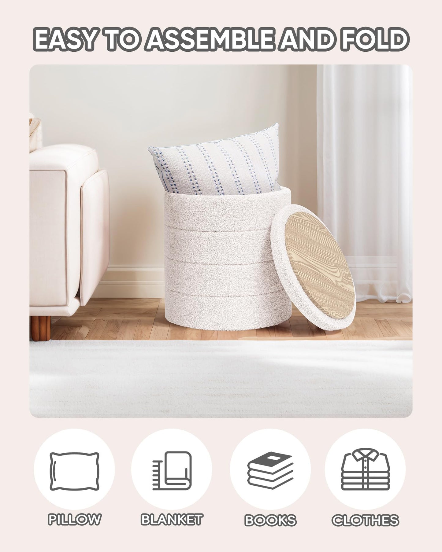 PINPLUS Round Ottoman Storage, Convertible Table, Cream White, 37x37x45 cm