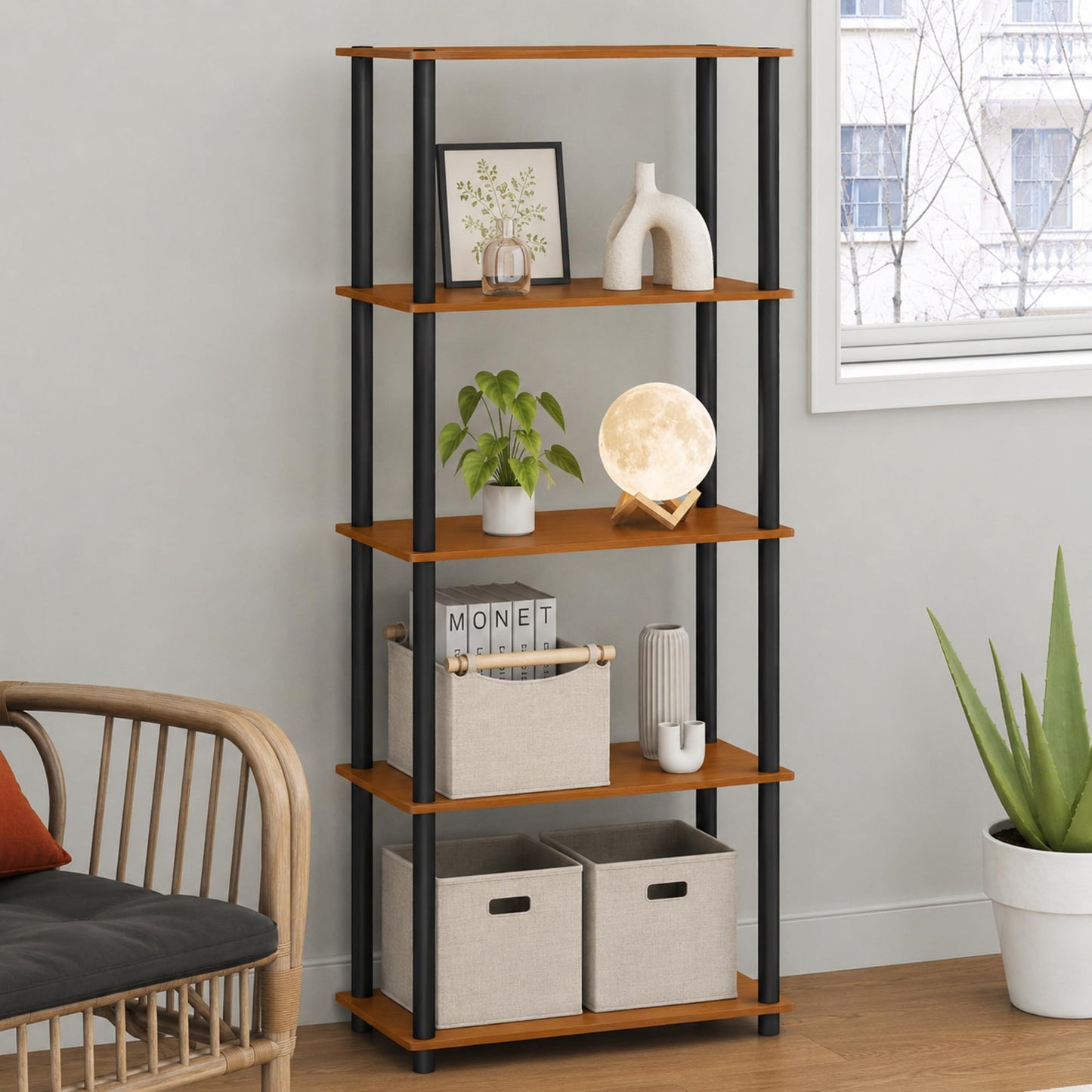 Furinno TURN-N-TUBE Toolless Assembly 5-Tier Storage Shelves, Oak Book Shelf, Open Storage Bookshelf, for Organization and Storage, Living Room