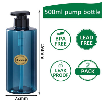 Apstaqeoo 2Pcs 500ml/17oz Empty Pump Bottle Dispensers - Refillable Plastic Shampoo Bottle Hand & Dish Soap Dispenser with pump