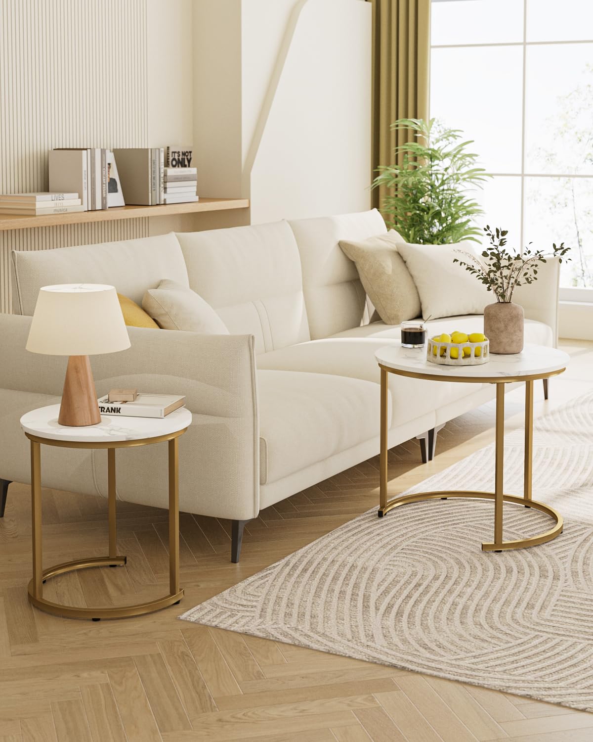 HEYZOEY Round Coffee Tables, Removable Set of 2 End Table, Nesting Table, Side Table with Gold Metal Frame Legs and Marble White Top for Living Room