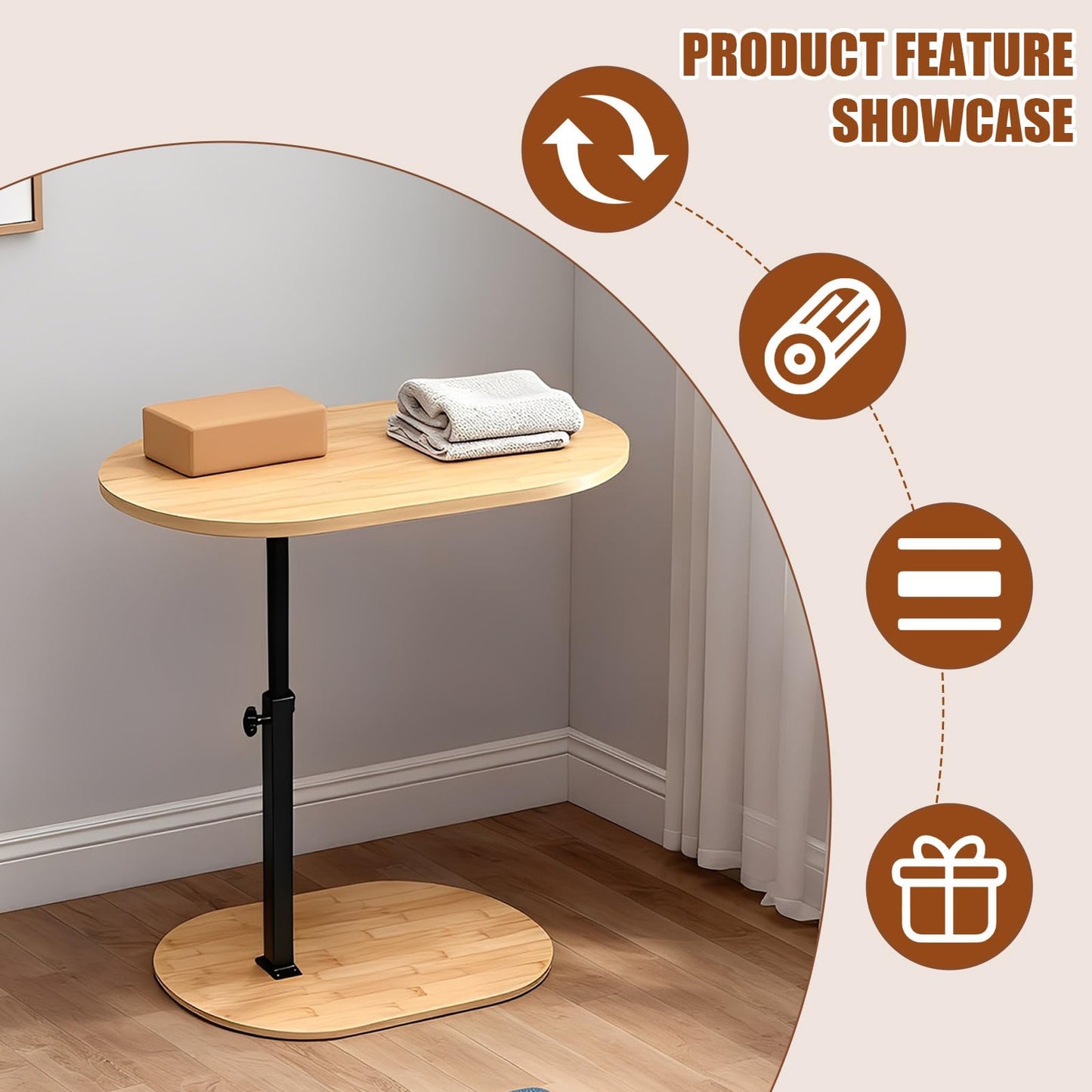 YASHIIN C-Shaped Bamboo Side Table， with Rotating TV Tray， Perfect for Living Room BedSofa Use, 40 to 75 cm Height 360° Rotatable Top, Sturdy Design