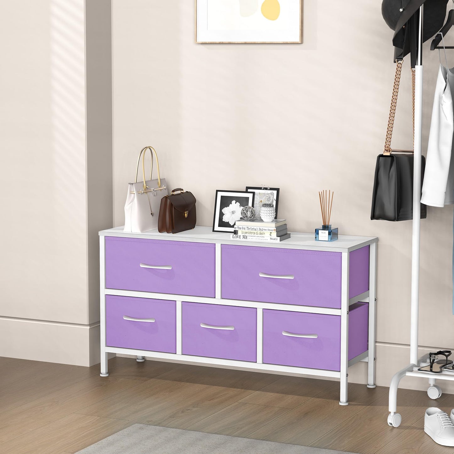 Feonase Bedroom Chest of Drawers, 5 Fabric Drawers Dresser with Metal Frame and MDF Top Board, Modern Storage Unit for Bedroom Living room, Entryway
