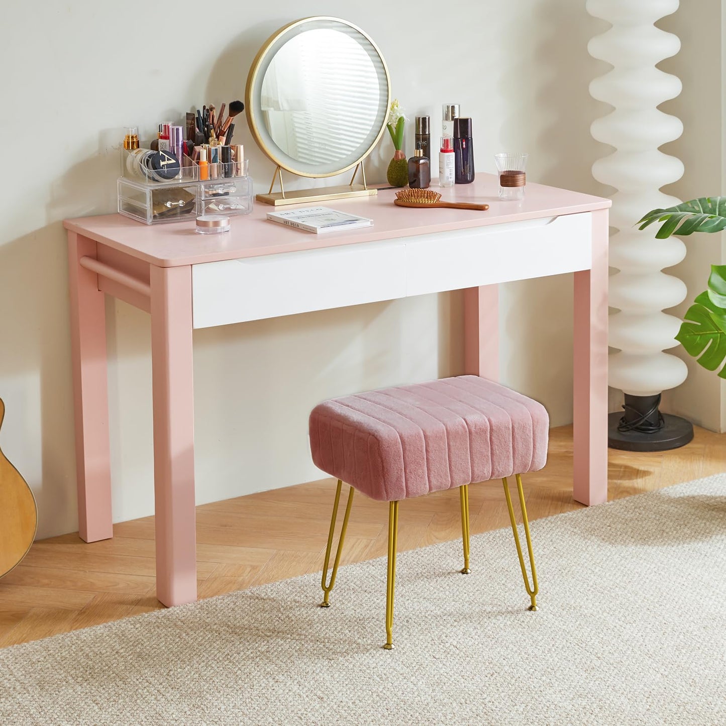 IBUYKE Makeup Vanity Stool, Velvet Rectangular Footrest, Pink L/G-51P
