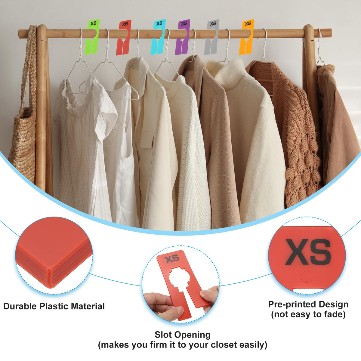 PATIKIL Clothes Dividers for Hanging Clothes, 40 Pack 8 Sizes Rectangle Pre-written Clothing Rack Dividers Size Mark Label Sorting Separator for