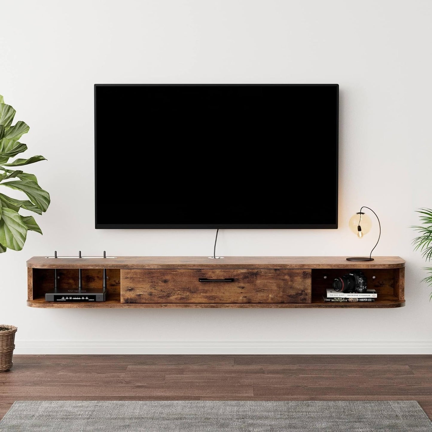 Pmnianhua Floating TV Unit, Wall Mounted TV Cabinet, Floating Shelves with Door, Modern Entertainment Media Console Center Large Storage TV Bench for