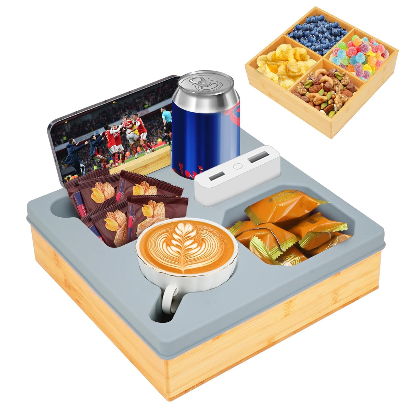 CXRYLZ-FUR 2-in-1 Couch Cup Holder Tray, Bamboo Sofa Arm Tray, Silicone Caddy Remote Control Snacks Cup Holder for Sofa Armrest Bedroom Picnic Beach