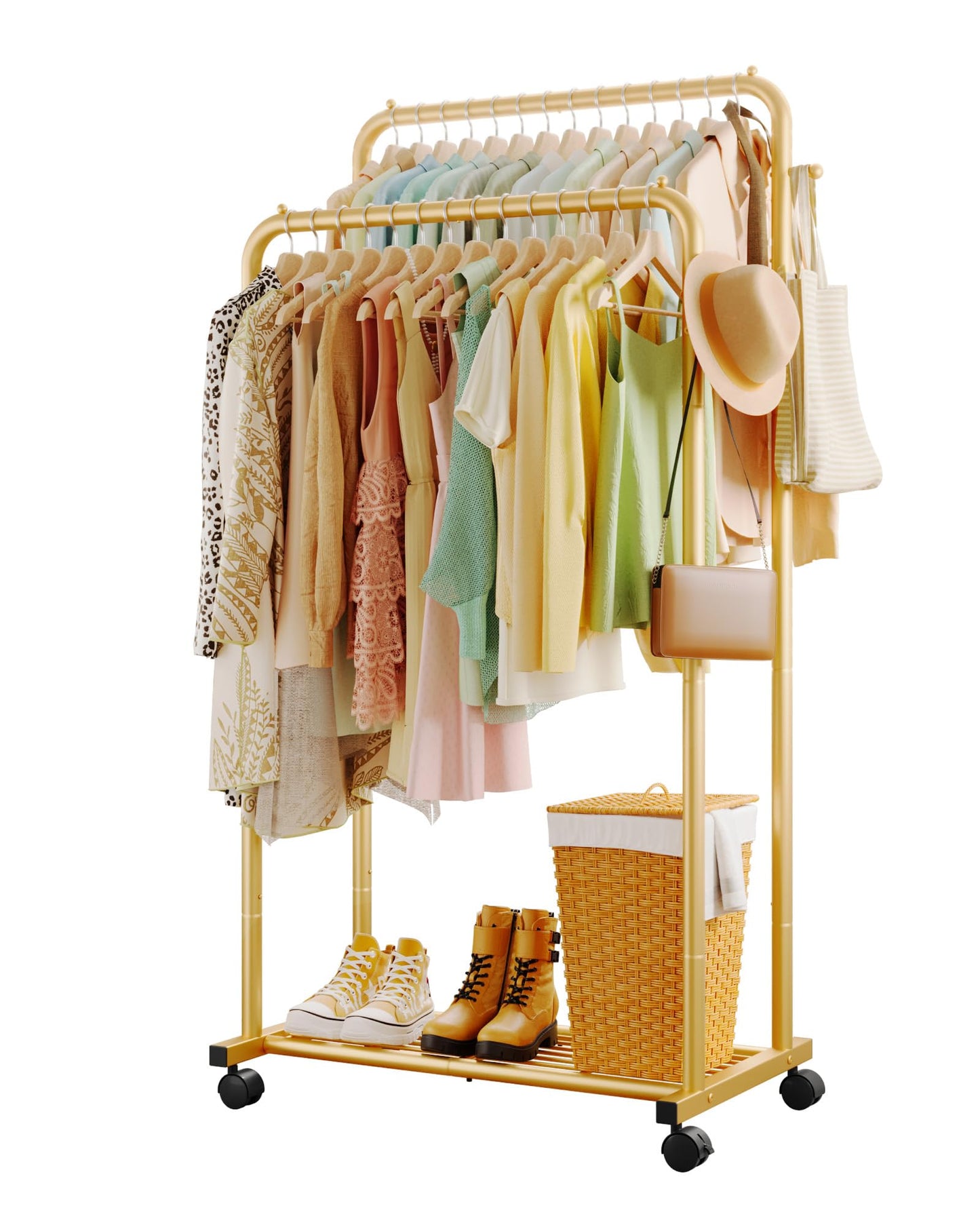 Sakugi Double Rod Clothing Rack Shoe Shelf & Hooks, 73x42x150cm, Gold