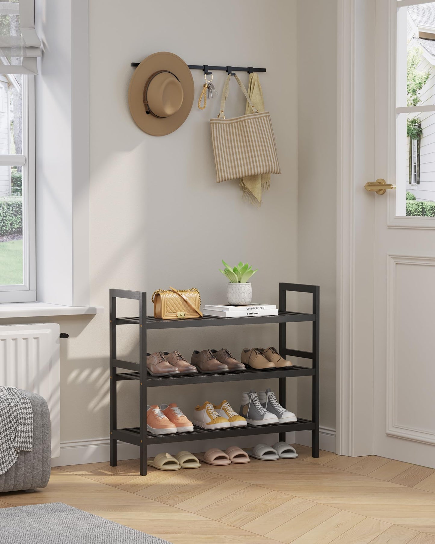 Kitsure Bamboo Shoe Rack – 3-Tier Bamboo Wooden Shoe Rack with Built-in Handle, Easy Assembly Shoe Storage for Entryway, Closet or Bedroom