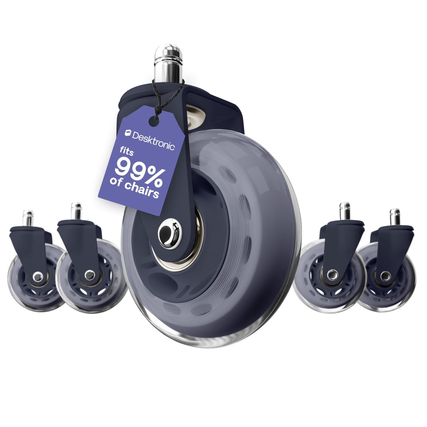 Desktronic Castor Wheels – Set of 5 – Rubber Replacement Wheels for Furniture & Office Chairs – Durable & Smooth Rolling – Black, 250kg Capacity