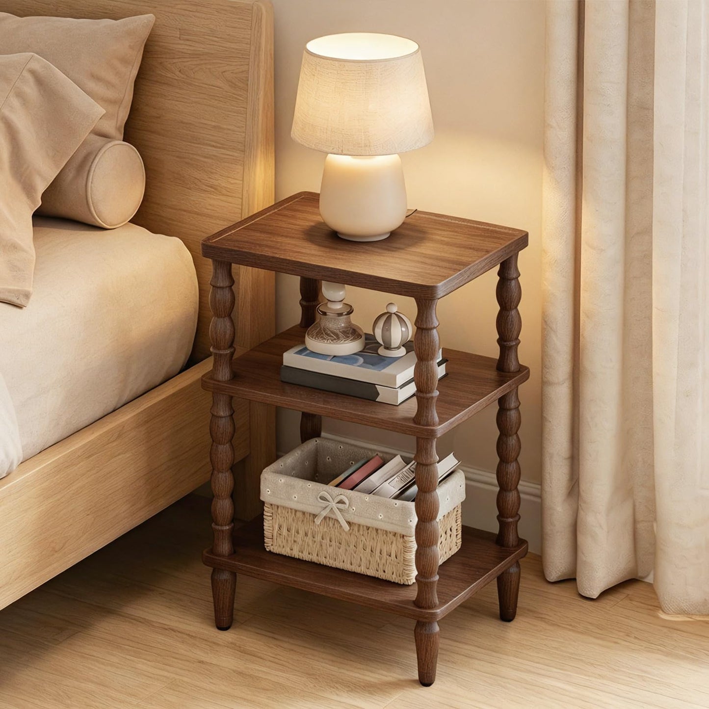 HOOBRO Side Table, 3-Tier Small Table with Solid Wood Legs, Retro Bedside Table Sofa Table with Open Shelf, Nightstand, Accent Table for Small Space