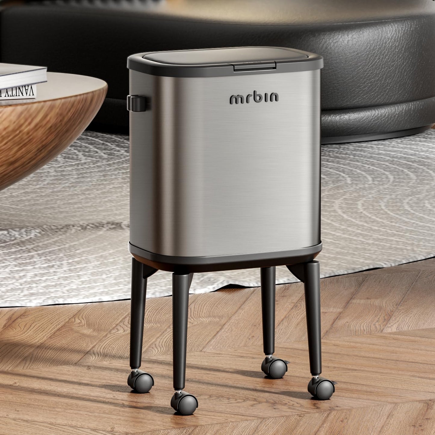 MRBIN Stainless Steel Slim Bathroom Trash Can with Legs and Wheels, 15L / 4gal Toilet Press Lid Waste Basket