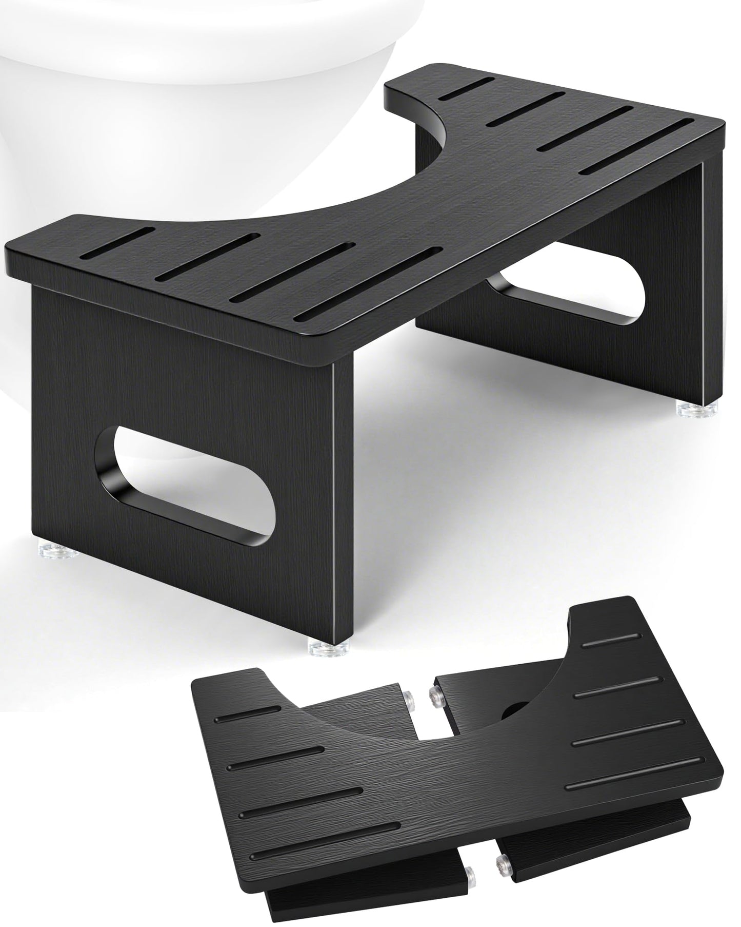 Foldable Toilet Stools, 17.8 CM Wooden Toilet Stool with Anti-Slip Feet, Space Saving, 35° Durable C Shaped Stool (Black)