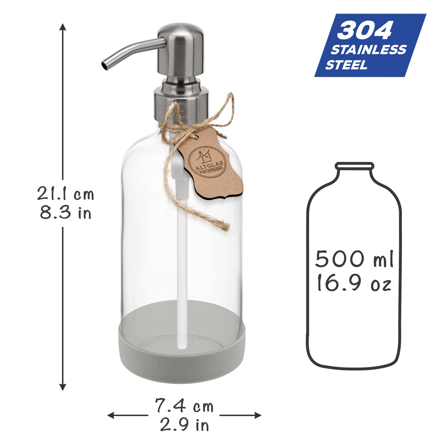 ALTGLAS 2 Pcs Refillable Clear Glass Soap Dispenser 'Sarajevo' 500ml