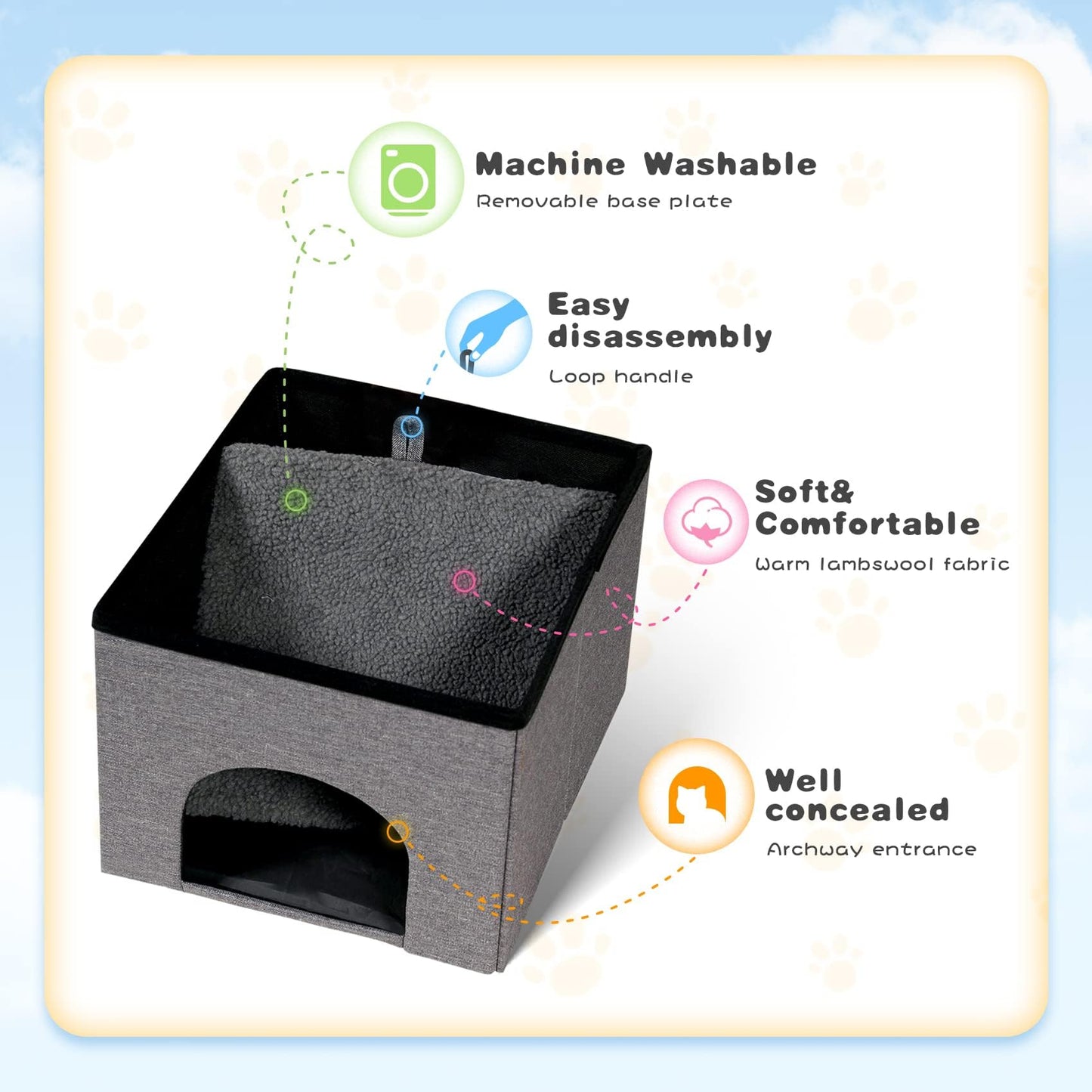 Bonlife Cat House Ottoman,Folding Cat Cave Beds for Indoor Cats,Winter Pet Kennel with Washable Pad,Footstool Seat with Lid,40x40x40cm,Grey