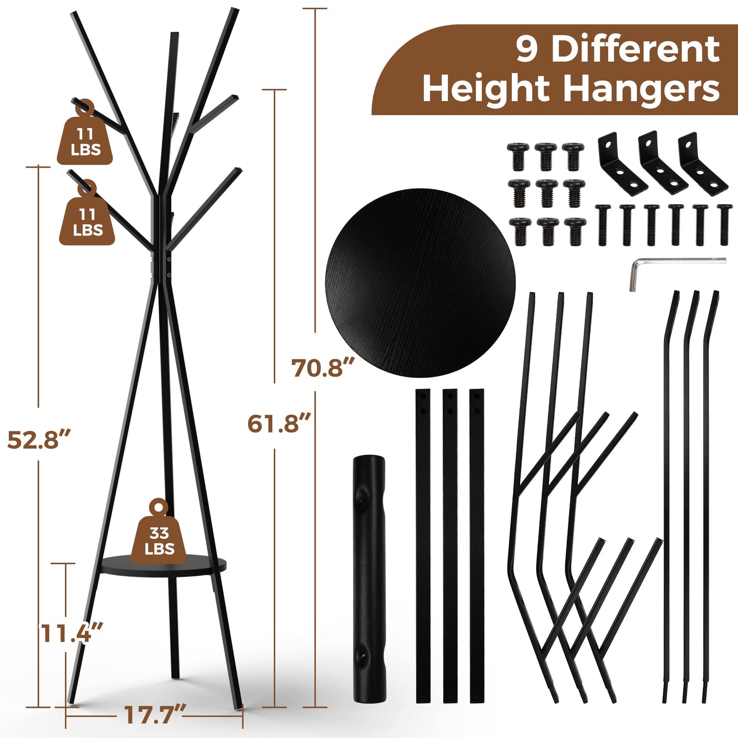 HOME BI Coat Rack Stand, Entryway Standing Coat Tree,Hat Stand Coat Hanger with 9 Hooks for Holding Jacket, Handbag, Clothes, Hats, and Scarves, Black