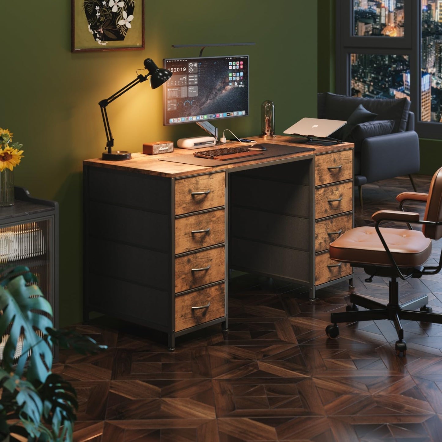 MUTUN 120cm Computer Desk with 8 Drawers, Home Office Desk with Power Outlets, Modern Table with Large Storage for Writing, Study, Rustic Brown