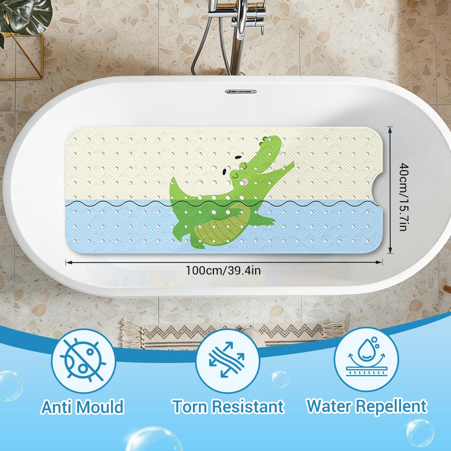 zxevg Baby Bath Mat Non Slip Anti Mould 100x40cm(Crocodile)