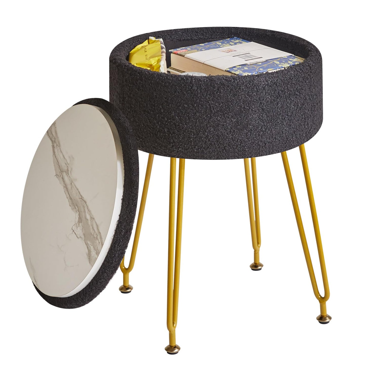 IBUYKE Makeup Vanity Stool, Teddy Velvet Storage Ottoman, Black WBD010B