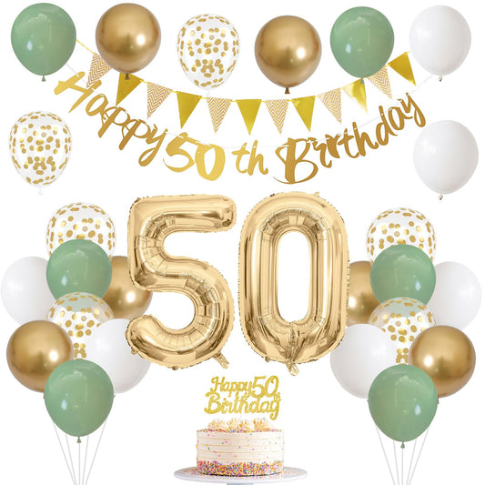 50th Birthday Decorations for Men Women, Sage Green White Gold Balloons 50th Banner Cake Decoration Number 50 Balloon for 50 Year Old Birthday Party