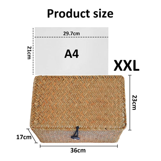 Wicker Storage Basket Woven Rattan Storage Box With Lids Seagrass Laundry Baskets Makeup Organizer For Bathroom, Living Room, Kitchen XXL