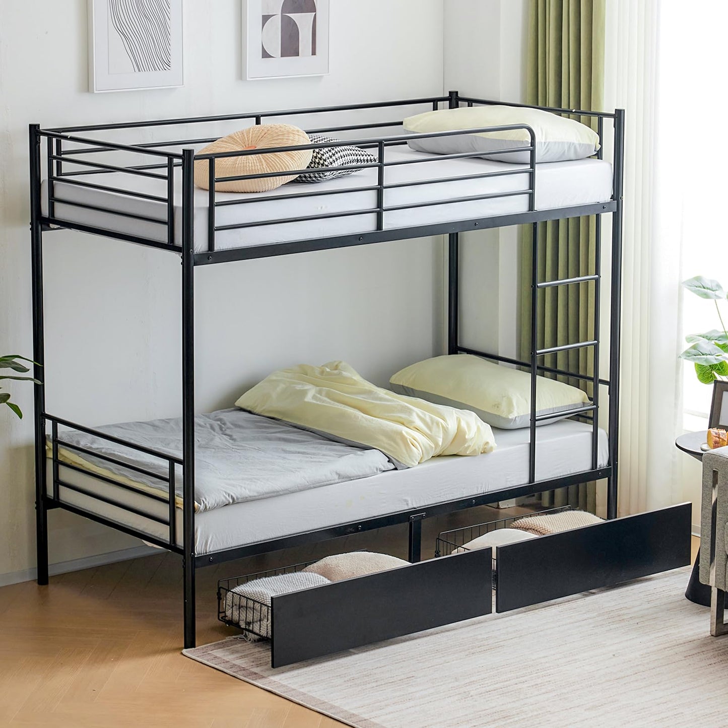 Karl home Heavy Duty Metal Bunk Bed Frame with 2 Large Drawers, Black