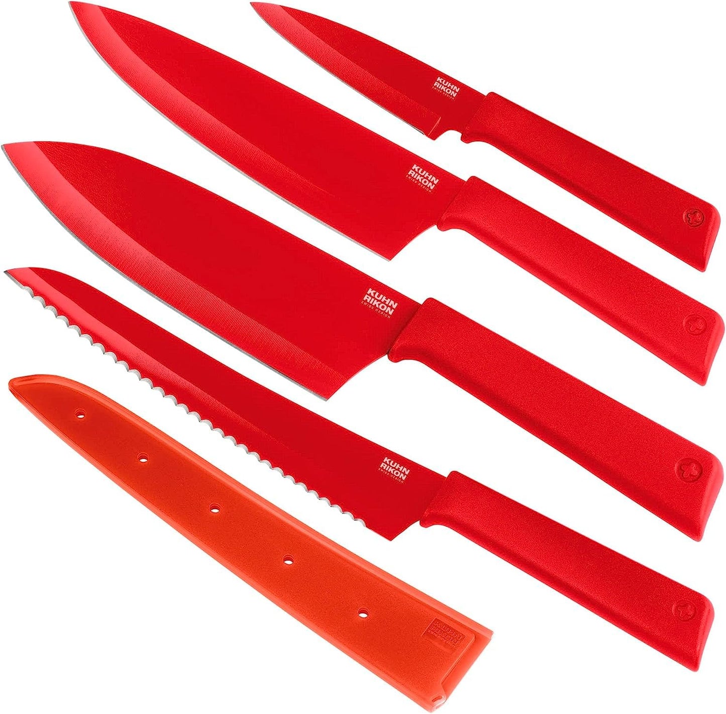 Kuhn Rikon Colori+ Mixed Kitchen Knife Set with Blade Covers. Includes Chef's, Bread, Santoku and Paring Knives. Ultra-Sharp Japanese Stainless Steel