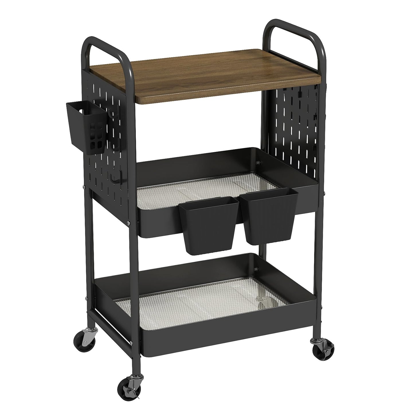 danpinera 3 Tier Rolling Cart, Metal Utility Cart with Wooden Table Top & DIY Pegboard, Rolling Carts