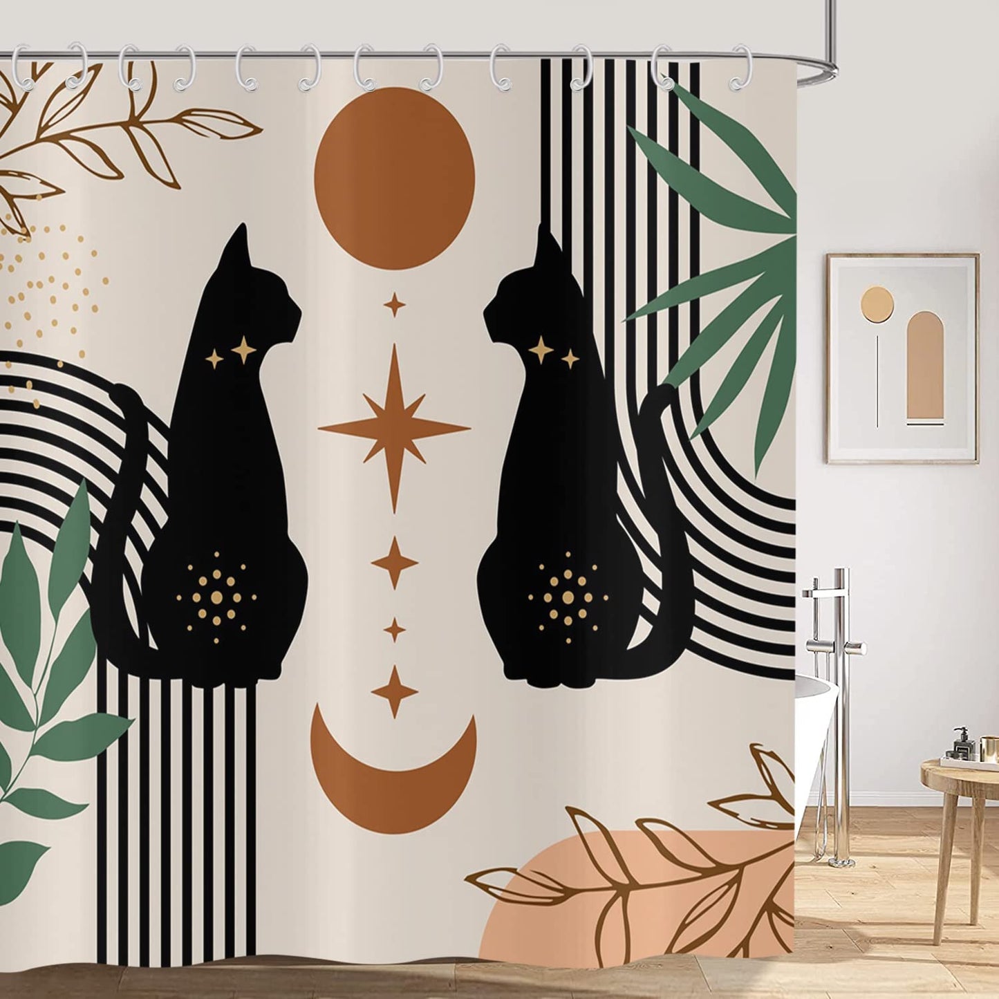 Boho Shower Curtain 180x180, Hnmdmyi Mid Century Abstract Black Cat Leaf Moon Star Beige Bathroom Curtains Modern Terracotta Aesthetic Art Waterproof