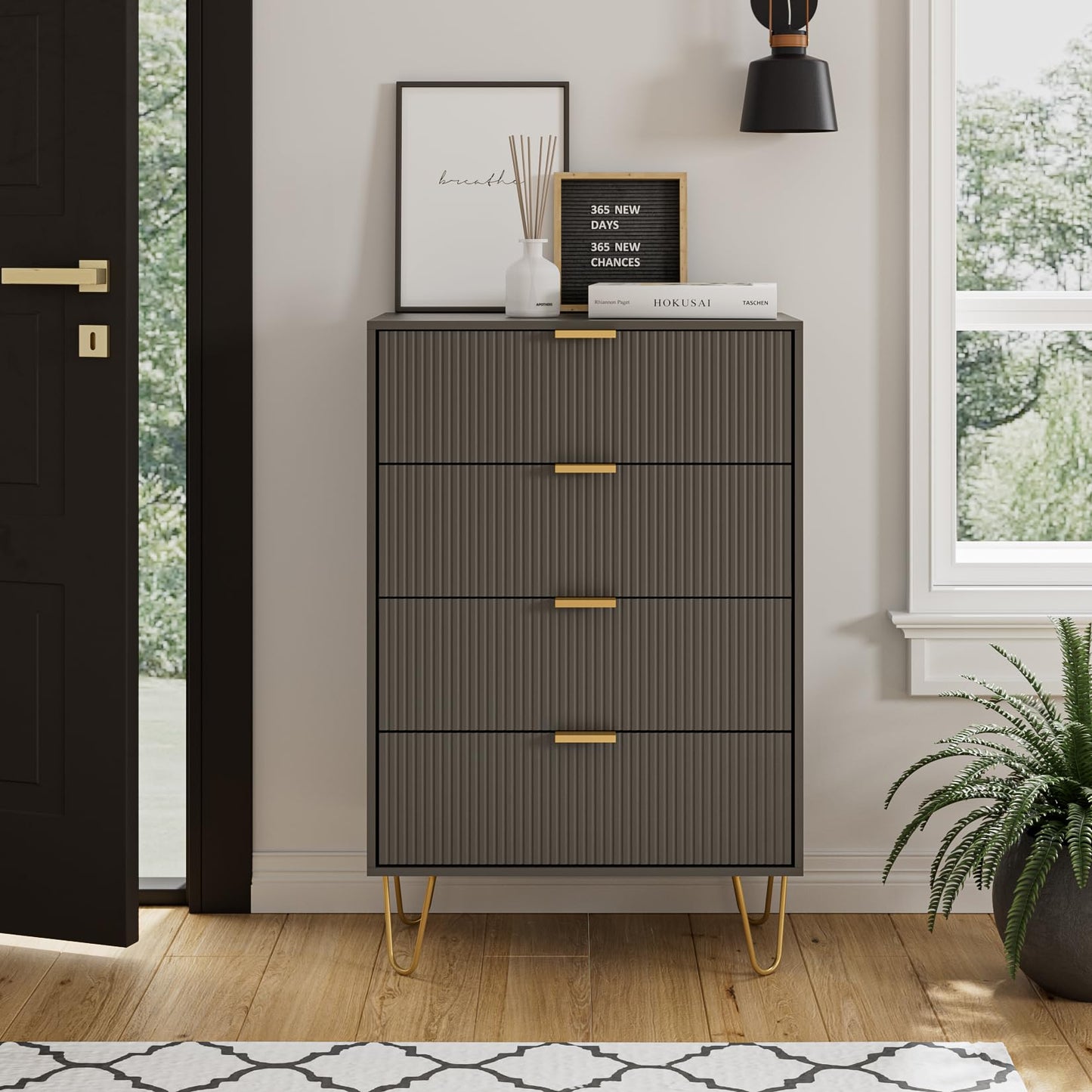HEYZOEY Grey Chest of 4 Drawers for Bedroom, 60x34x91cm, Wood Storage Dresser Bedroom Furniture Cabinet for Living Room,Office,Lounge,Grey