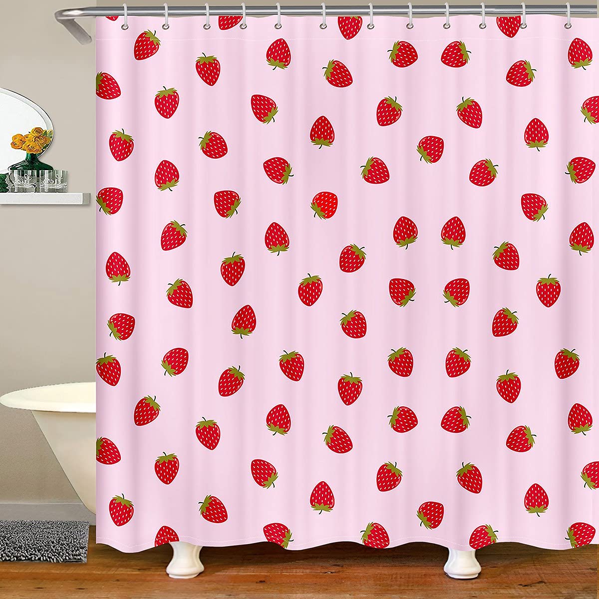 Loussiesd Strawberry Bathroom Shower Curtain Set Girls Pink Cute Fruit Shower Curtain Kids Teens Strawberries Stripes Bath Curtain Polyester Stalls