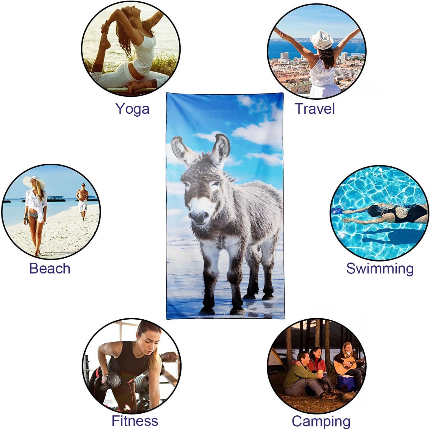 YISUMEI Donkey Beach Towels for Adults Extra Large 180 x 90 cm, Microfibre Quick Dry Towel for Travel Swimming Camping Sports