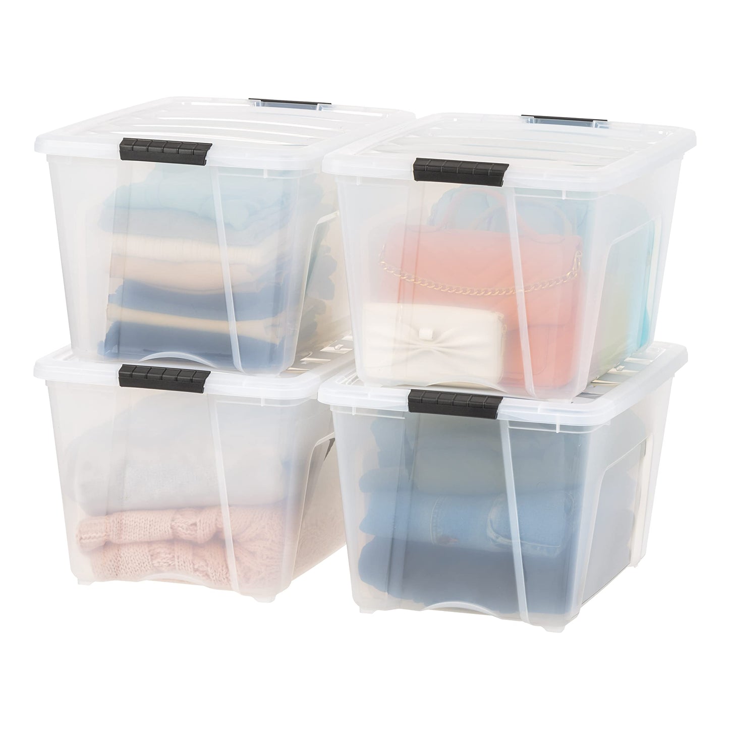 IRIS USA 54 Qt Stackable Plastic Storage Bins with Lids, 4 Pack - BPA-Free, Made in USA - See-Through Organizing Solution, Latches
