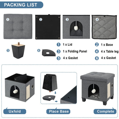BRIAN & DANY Collapsible Cat Cave for Indoor Cats, Multifunctional Cube Cat House with Cat Scratch Board & Ball, 37.5 x 32.5 x 36 cm, Gray