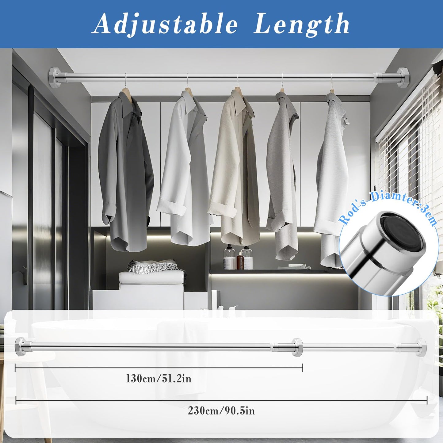 DEWEL Stainless Steel Shower Curtain Pole, 130-230cm Extendable No Drill Shower Curtain Rod Net Voile Curtains Rail