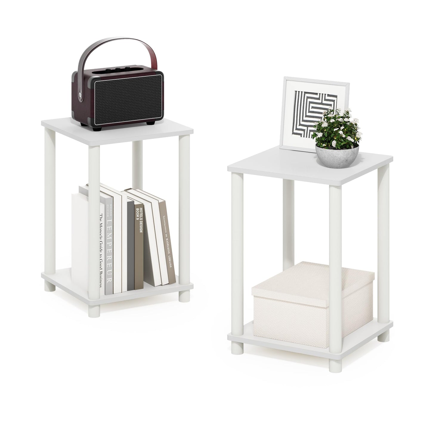 Furinno TURN-N-TUBE Side Table Set of 2, 2-Tier Stackable End Table with Open Shelf, Toolless Night Stand, Bedside Table, for Living Room, Bedroom