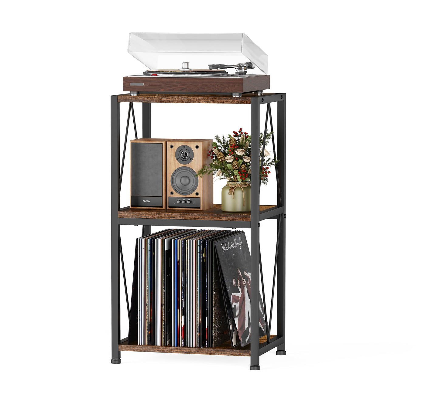 HFHOME Vinyl Record Storage 3 Tier Side Table, Record Player Cabinet for Vinyl Storage and Display, Turntable Stand in Living Room, Bedroom
