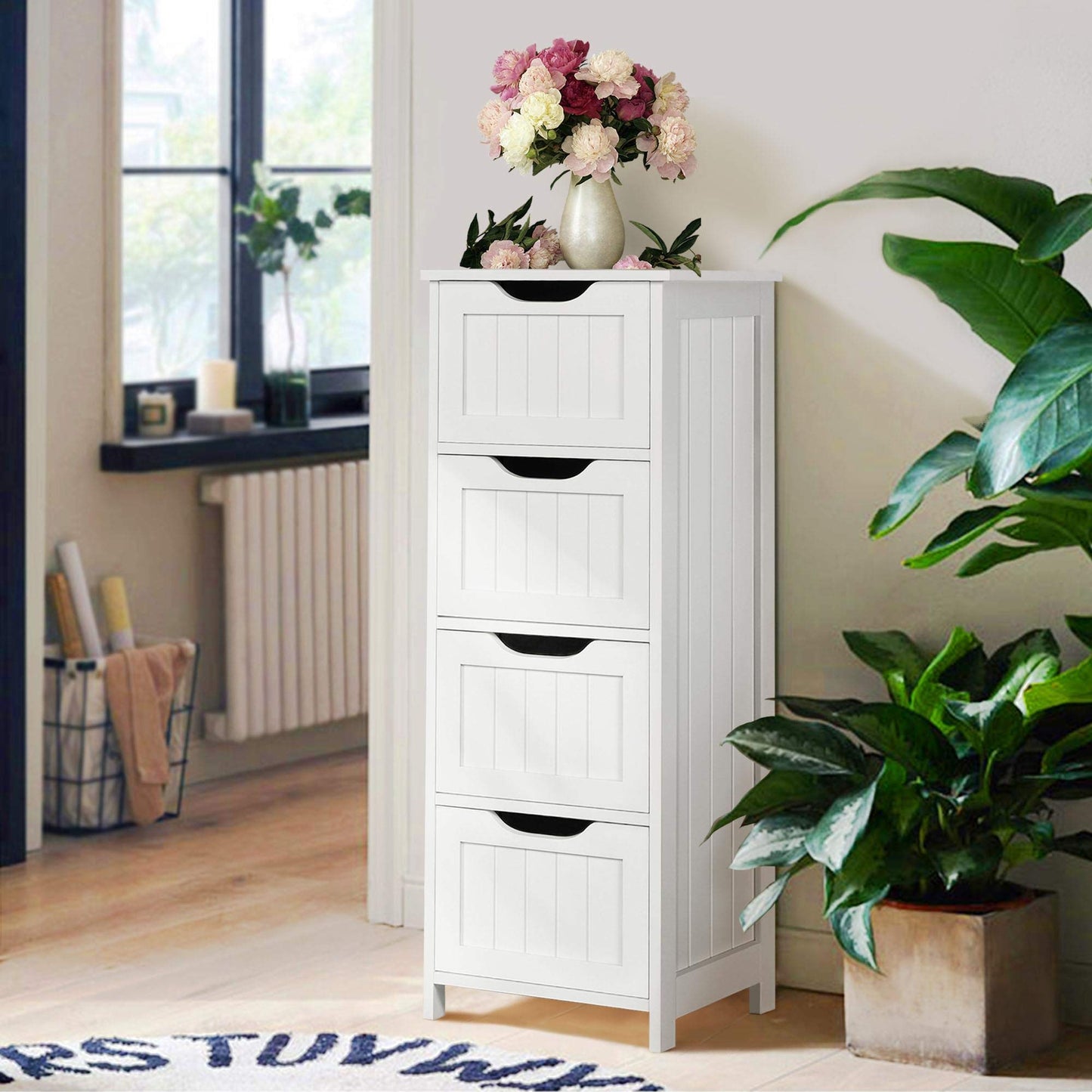 Yaheetech Slim Bathroom Floor Cabinet Freestanding with 4 Drawers, White