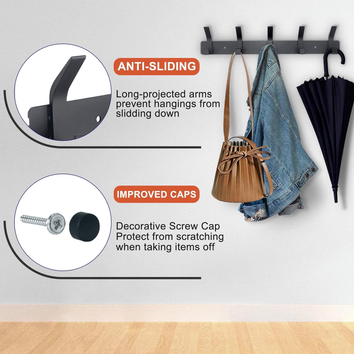 Coat Rack Wall Mounted,5 Coat Hooks for Hanging Coats,Heavy Duty Metal Double Hook Rack Hook Rail,Coat Rack with Hooks,Wall Mount Coat Hanger for Hat