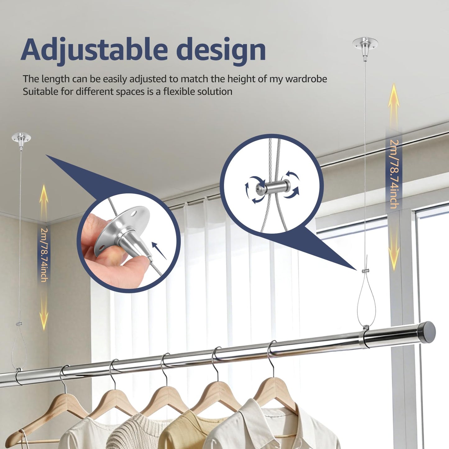 4 Pcs Ceiling Support for Closet Rod 2m/78.74inch Adjustable Closet Rod Support Bracket Stainless Steel Ceiling Supports Assembly