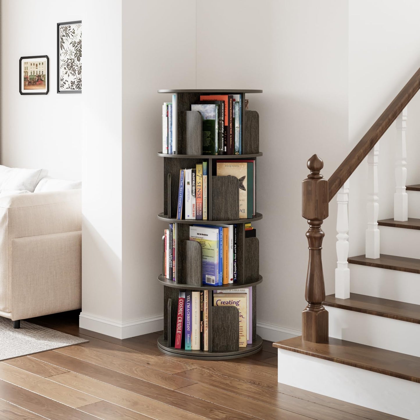 APPOLYN 4 Tier Rotating Bookshelf, 360 Display Spinning Bookcase, Black Oak