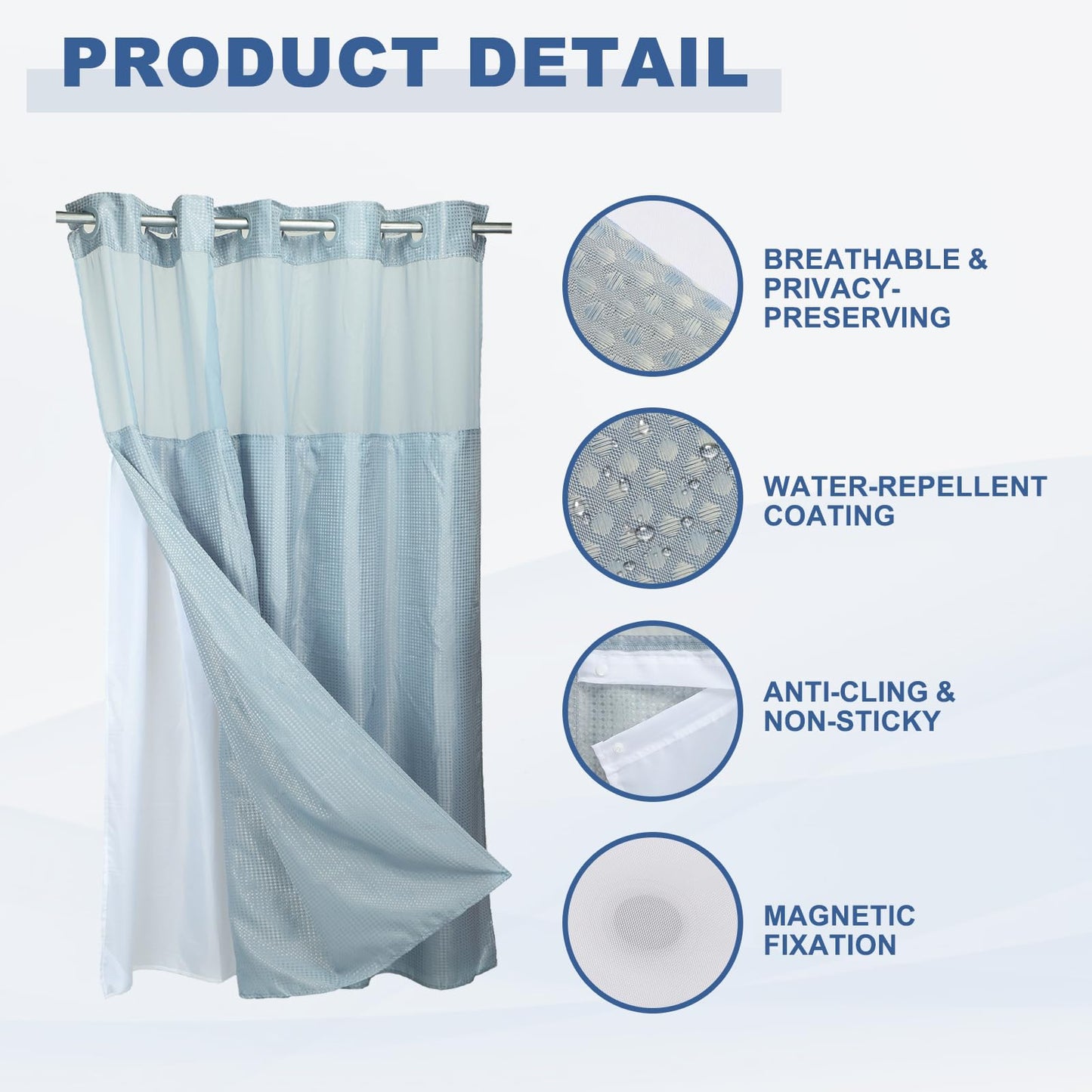 DTGN No Hook Shower Curtain, 180Wx198L cm Polyester Snap-in Removable Liner Set, Waterproof Washable Waffle Weave Textured Shower Curtains for Home