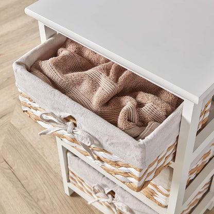 Home Source Storage Chest, Wooden Bedroom Hallway Cabinet, 3 Wicker Basket Drawers, White