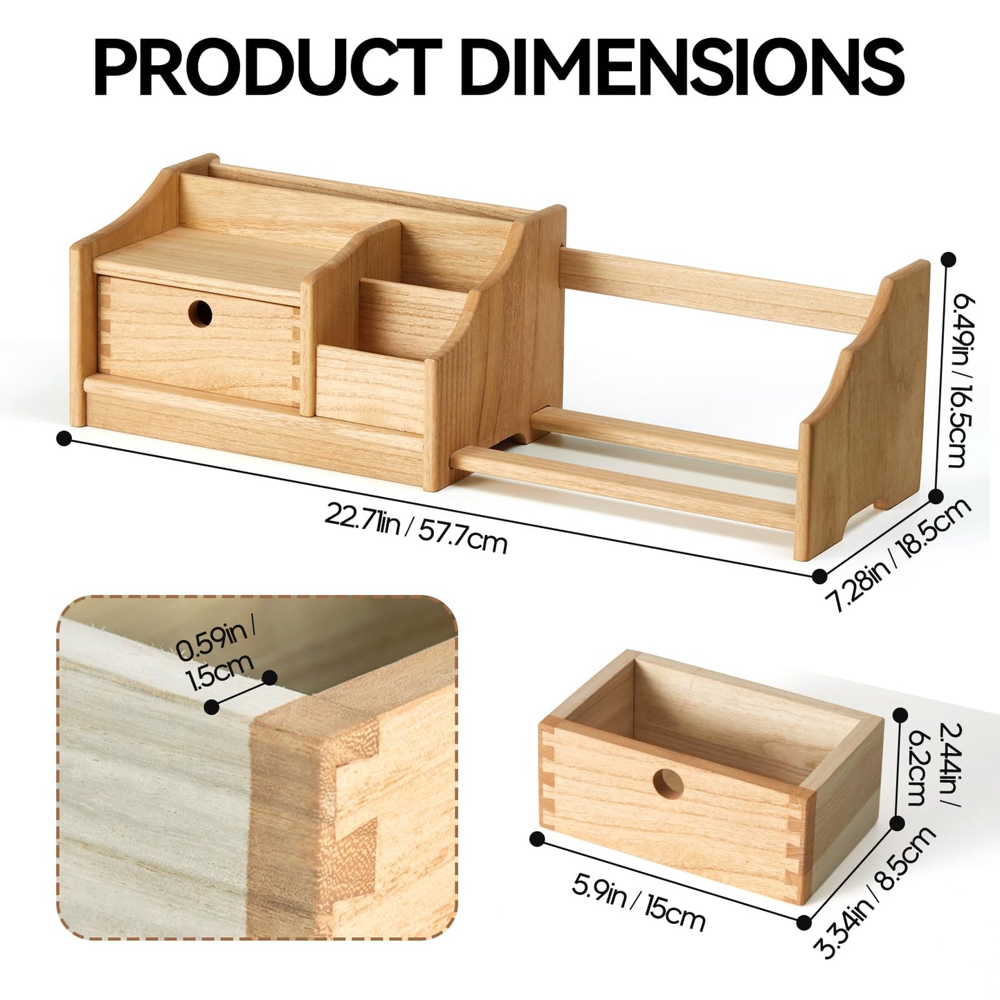 KIRIGEN Wooden Desktop Organiser with Drawer, Adjustable Bookshelf, Natural
